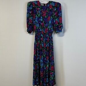 Vintage Adrianna Papell Multicolor Floral 100% Silk Midi Dress 4